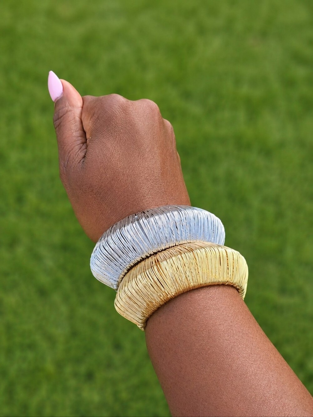 Gold and Silver Wrapped Wire Hoop Bracelet Set - Women Jewelry